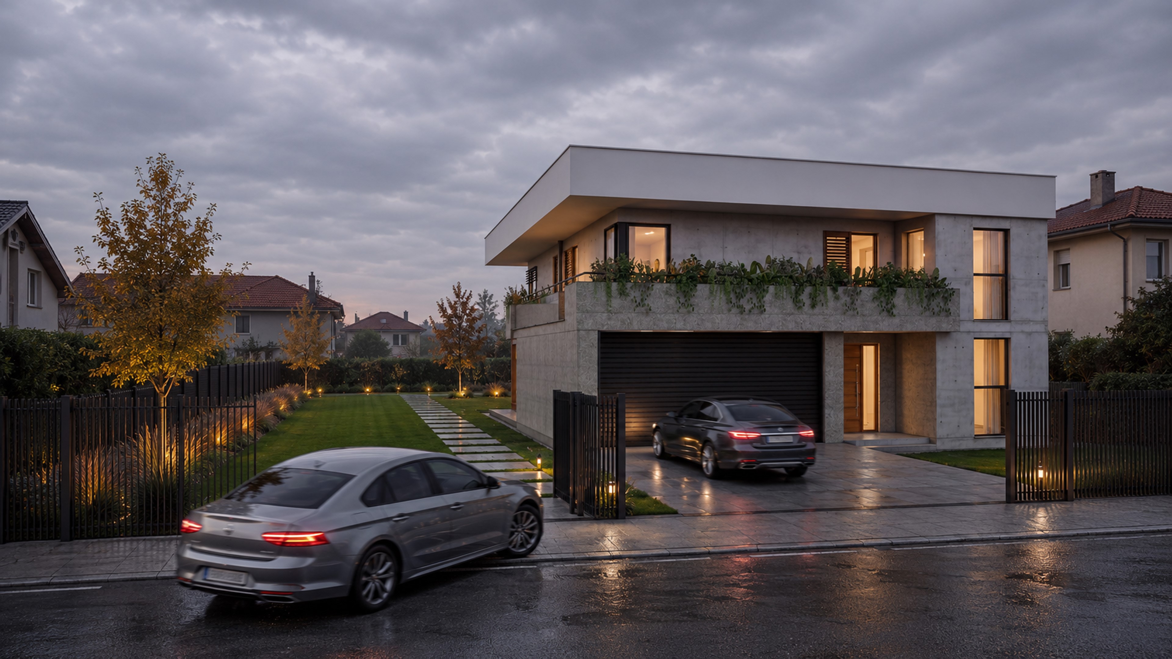 Render porodične kuće iz uličnog ugla sa garažom