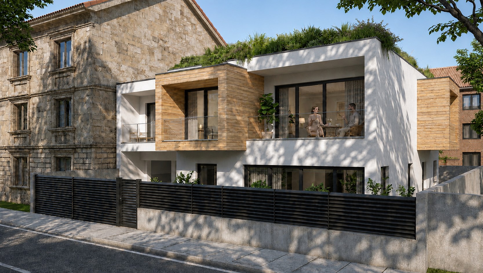 Porodična kuća bele geometrije sa drvenim detaljima, ulični prikaz