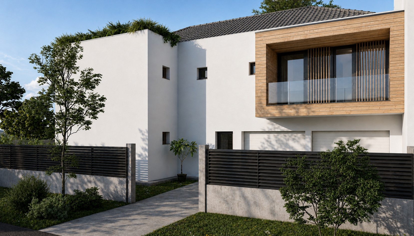Porodična kuća bele geometrije sa drvenim detaljima, bočni prikaz